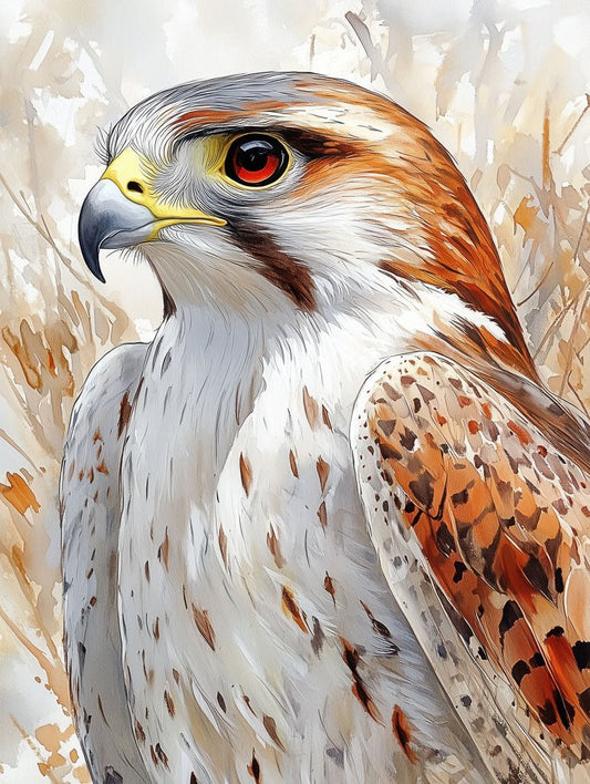 Illustrated falcon in warm desert tones (صقر عربي), painted with expressive brush textures—perfect for bold modern wall art and decor.