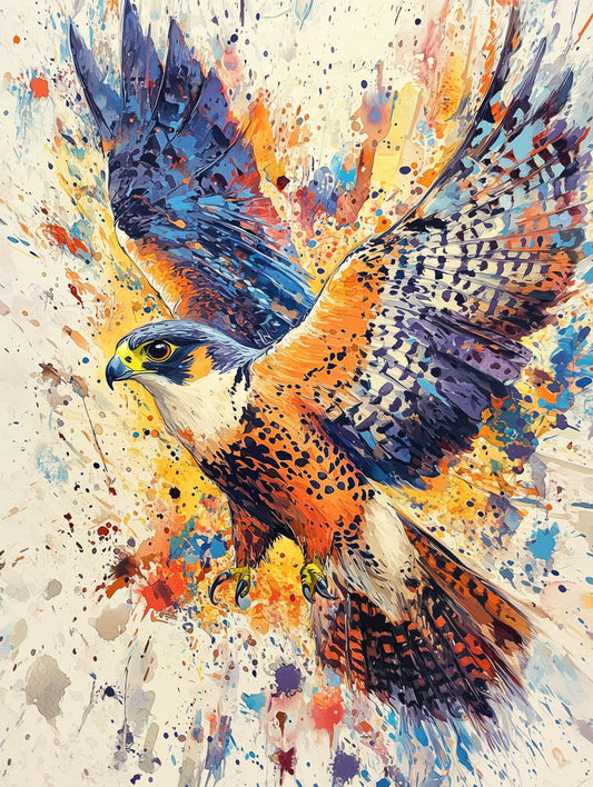 Abstract-style falcon in flight with vivid splashes of orange, blue, and violet. Bold, expressive wall art decor print.