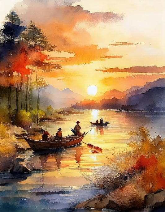 Experience the serenity of "Far Eastern River At Dawn" by FN Prints, a digital watercolor artwork capturing a tranquil lake at sunset. Two boats with people in traditional straw hats float on the reflective water, while the sky radiates warm hues of orange and yellow. The surrounding landscape showcases trees and distant mountains, making it a perfect piece for home decor.