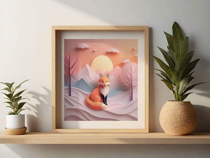 A framed digital artwork named "Farah The Fox," created by FN Prints, sits on a shelf flanked by two potted plants. This imaginative design showcases a sunset over mountains, depicting a fox in a snowy landscape. The plants are housed in round, textured pots.