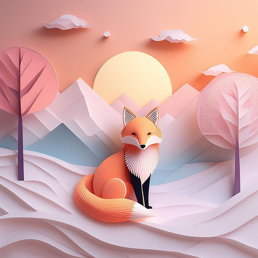 In the digital artwork titled "Farah The Fox" by FN Prints, a stylized illustration depicts an orange fox sitting on snowy terrain. The background features folded paper effect mountains, trees, and a setting sun that casts a warm glow. This piece is bathed in soft pastel hues, creating a serene and whimsical atmosphere reminiscent of children's art.