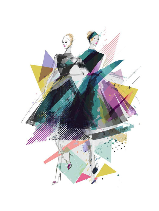 Fashion Duo Abstract" by FN Prints features two women in dresses back to back, set among vibrant geometric shapes and brushstrokes. This modern wall art print captures dynamic lines and stunning style for any space.