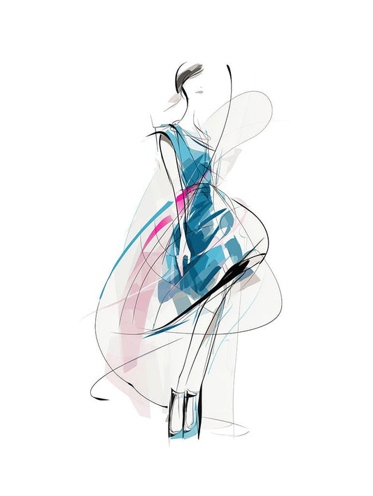 Feminine Flow" by FN Prints is a stylized fashion illustration with loose lines in pink and blue accents, featuring an abstract woman in a blue dress. Perfect as modern or minimalist wall art, the figure's features are intentionally undefined.