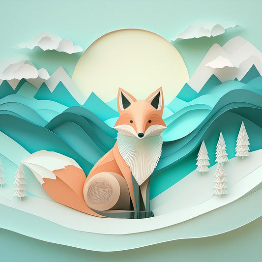 Fenix the Fox by FN Prints features a charming, paper art fox named Fenix seated on a snowy landscape. The backdrop showcases layers of blue-green hills and majestic mountains, with the rising sun casting a warm glow over the scene. Accented by white, paper-crafted evergreen trees, this piece makes an ideal children's digital art print.