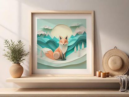 The "Fenix The Fox" digital art print by FN Prints showcases a whimsical scene of a fox nestled among layered paper-style hills beneath a large sun, adorned in gentle greens and blues. This charming landscape is displayed on a wooden surface, accented with a potted plant, straw hat, and candles placed nearby.