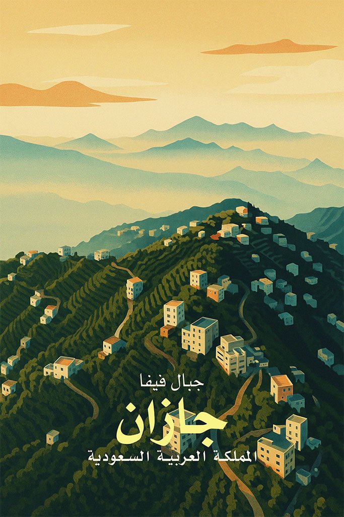 Illustration of a mountainous landscape with buildings and the text 'FIFA Mountains Jazan Saudi Arabia'.