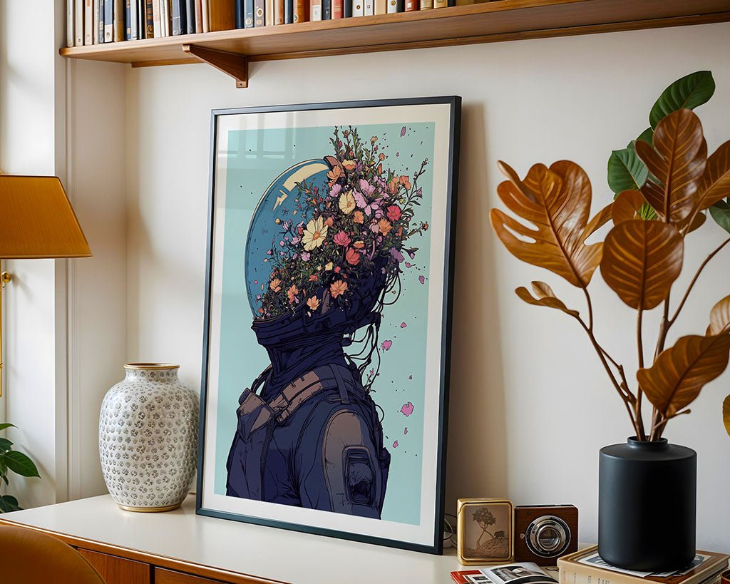 The "Floral Burst – Astronaut Art with Wildflowers" by FN Prints is showcased on a wooden shelf with a decorative vase, small stacked books, a camera, and a lamp. A rubber plant stands nearby under mounted books, blending themes of space exploration and botanical beauty.