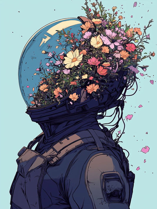 FN Prints' "Floral Burst – Astronaut Art with Wildflowers" features an astronaut suit with a helmet brimming with colorful flowers, set against a light blue backdrop. This whimsical piece embodies nature-inspired art, showcasing blooms and petals floating gently in space.