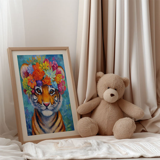The FN Prints "Floral Tiger" framed wall art features a baby tiger with a colorful flower crown, shown next to a light brown teddy bear on beige fabric—perfect as vibrant animal decor for a nursery.