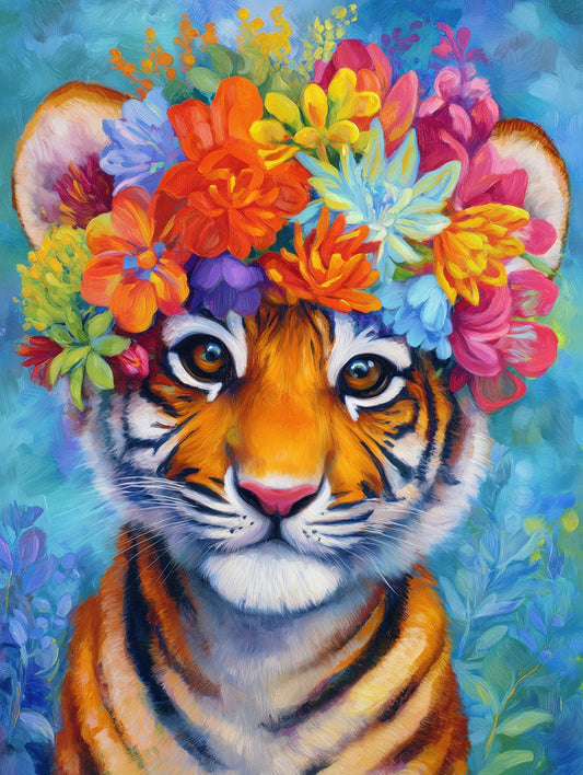 Floral Tiger by FN Prints features a tiger cub with orange and black stripes in a flower crown, set among bright blossoms on a blue-green background—ideal as baby tiger wall art or a floral nursery print.