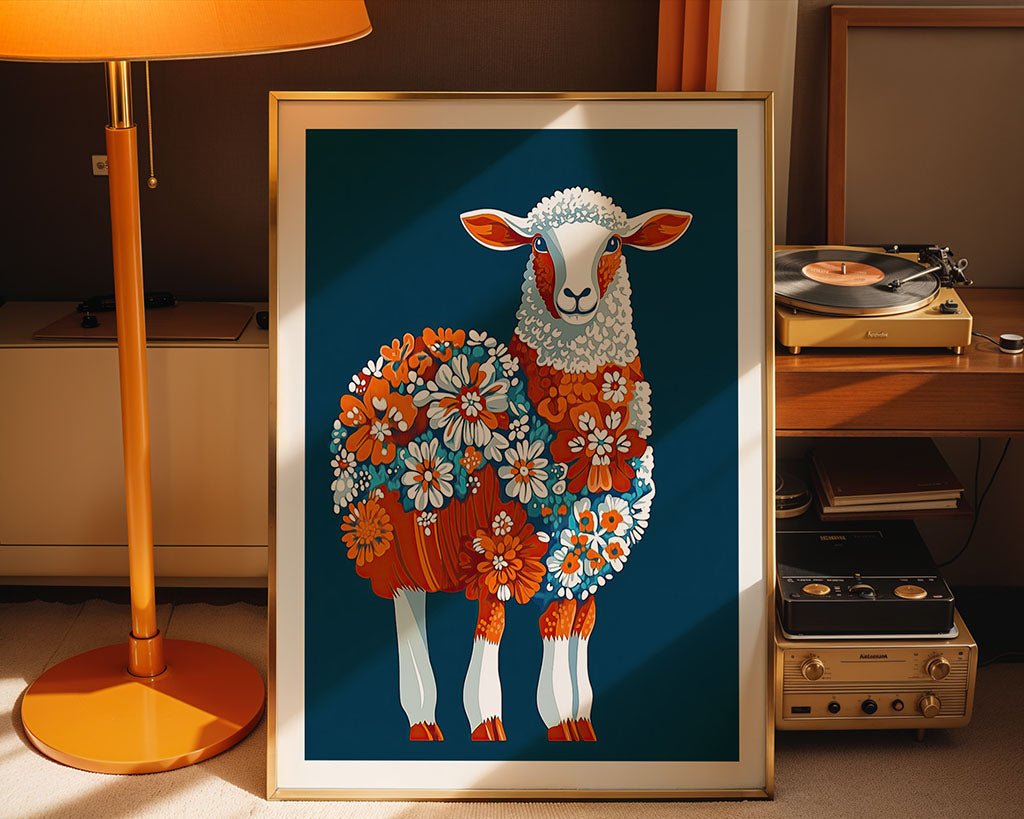 The FN Prints "Folk Art Flock" features a stylized sheep with a colorful floral woolly coat. It's placed on the floor, framed by a modern table lamp and a vintage record player, with sunlight casting beams across the art.