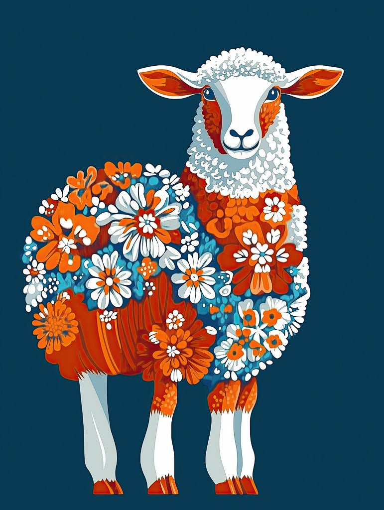 The "Folk Art Flock" by FN Prints showcases a sheep with a wool coat of white, orange, and blue flowers against a dark blue backdrop, embodying folk art with vibrant colors and intricate patterns.