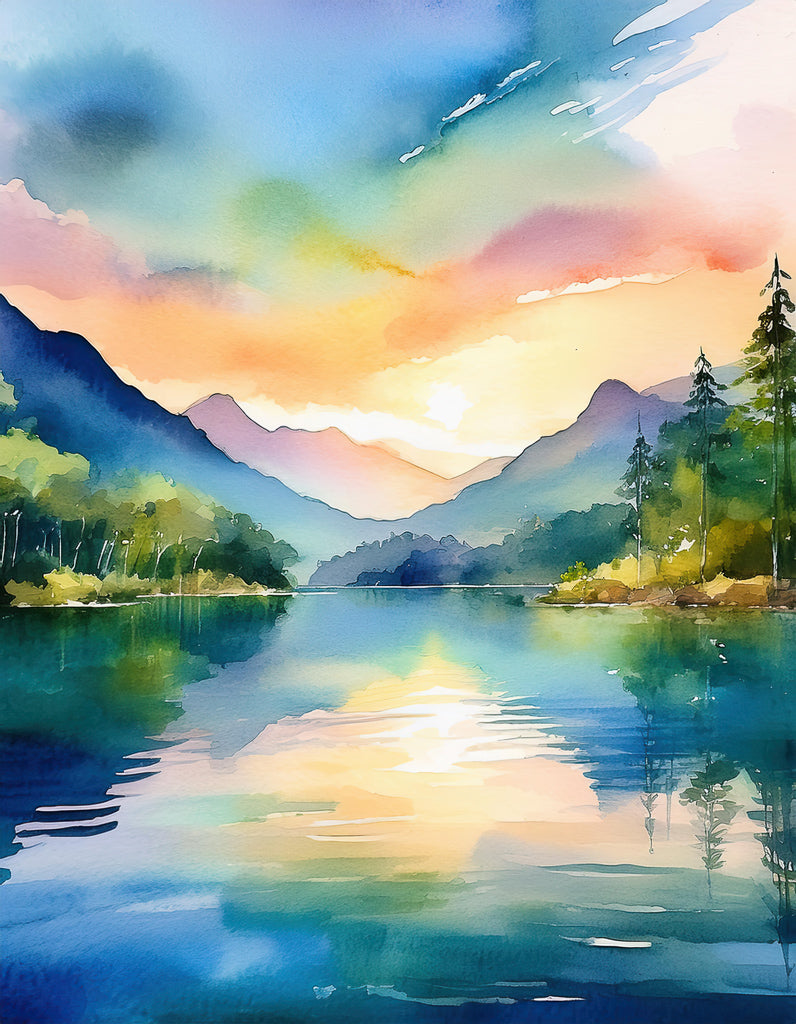 Experience the beauty of FN Prints' "Ethereal Wilderness," a vibrant digital watercolor artwork capturing a serene lake at sunset. The sky features an array of warm colors transitioning from orange to pink and blue, while silhouettes of mountains and trees reflect on the calm water, creating a mirror-like effect in this enchanting wilderness scene.