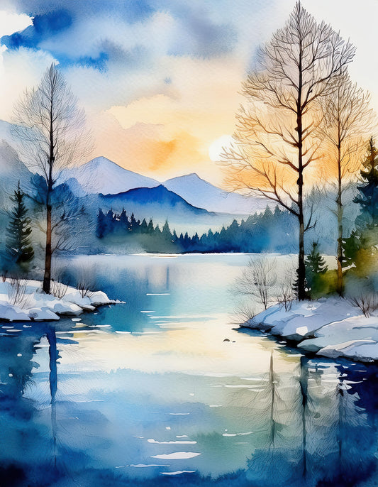 FN Prints' 'Snowy Winter Wilderness' is a serene digital watercolor artwork that captures a tranquil lake surrounded by snow-dusted trees under a soft sunset sky. The peaceful water reflects the trees and mountains in the distance, crafting a calming and picturesque winter landscape, reminiscent of a serene winter's day.