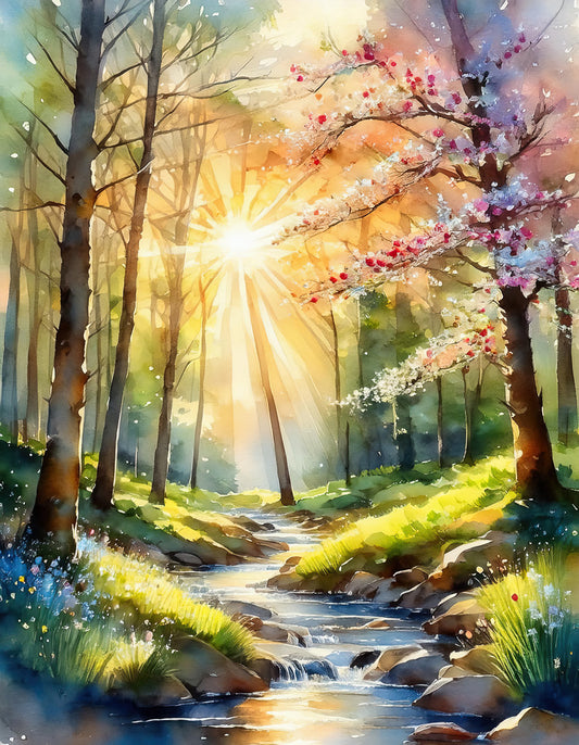 The "Springtime Forest" artwork by FN Prints captures nature's renewal in a sunlit forest, with rays of sunshine streaming through tall trees. A gentle stream winds through the lush greenery, bordered by rocks and flowering plants. Blossoming trees with pink and white flowers add vibrant pops of color to the serene scene.