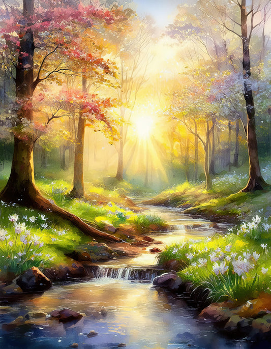 The "Spring Bloom Forest" by FN Prints beautifully captures a serene forest scene with sunlight streaming through the trees, casting a warm glow. A gentle stream winds through the lush greenery, surrounded by blooming flowers in various colors. This nature artwork from FN Prints exudes a peaceful and enchanting atmosphere, reflecting the essence of spring.