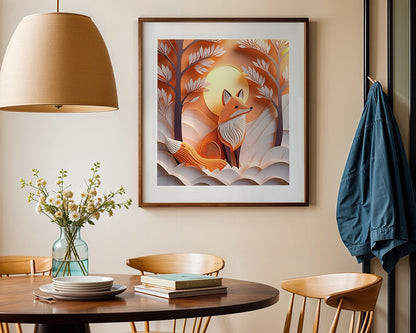 In the dining area, a round wooden table with chairs is enhanced by "Frederick The Fox," a digital art print by FN Prints depicting a fox in a stylized forest, bringing whimsy to the wall. A blue jacket is draped over one of the chairs, and flowers in a vase along with books are gracefully placed on the tabletop. Overhead, a pendant lamp provides a cozy glow.