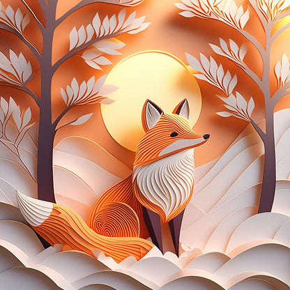 The FN Prints' "Frederick The Fox" digital art print showcases a stylized, paper-cut illustration of a charming fox sitting serenely among abstract trees. The background features a setting sun with warm hues of orange and brown. Crafted with layered paper textures for a 3D effect, this folded paper effect print is ideal for children's room décor.