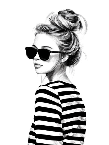 French Girl Energy" by FN Prints: a chic black and white illustration of a woman in sunglasses and a striped shirt, messy bun, looking over her shoulder—fashion wall art inspired by classic French style.