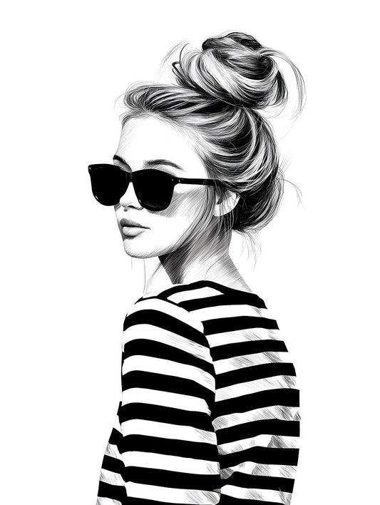 French Girl Energy" by FN Prints: a chic black and white illustration of a woman in sunglasses and a striped shirt, messy bun, looking over her shoulder—fashion wall art inspired by classic French style.
