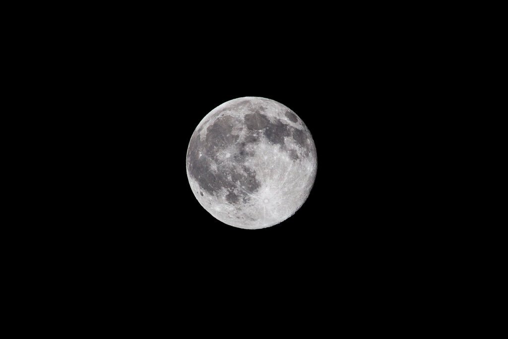 The image showcases FN Prints' Full Moon, presenting a clear and detailed view of the moon set against a black night sky. The lunar craters and varying shades of gray accentuate its texture and topography, creating cosmic wall art reminiscent of high-quality full moon photography.