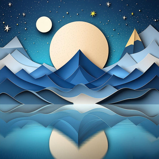 Experience the captivating charm of "Full Moons," a digital art piece by FN Prints, featuring a vibrant, paper-cut style illustration. This serene mountain range under the full moon showcases peaks layered in blue and white hues, reflecting in a tranquil lake below. The deep blue sky is dotted with stars, while the large moon casts a soft, glowing presence above.