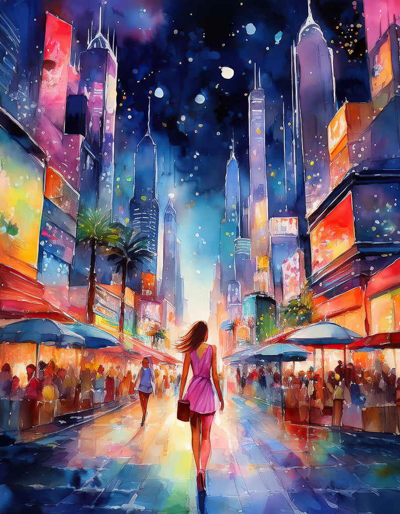 City Nights: Woman," an artwork by FN Prints, vividly captures a bustling city street at night. Skyscrapers adorned with neon lights illuminate the setting, reflecting a futuristic urban landscape. A woman in a pink dress walks down the street, surrounded by people and market stalls lining the sides. The dark sky above is sprinkled with stars, adding to the painting's enchanting ambiance.