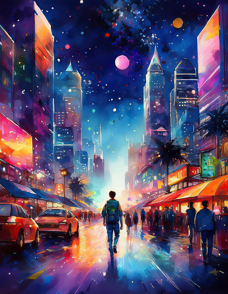 A vibrant, colorful painting from FN Prints' City Nights: Future Fantasy series showcases a person walking down a bustling city street at night. Neon lights illuminate tall buildings adorned with billboards, while a lively crowd and cars fill the scene. A cosmic sky with planets and stars hints at a futuristic world.