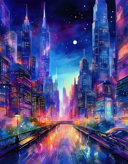 The "City Nights: Neon Future" print by FN Prints showcases a vibrant, futuristic cityscape with towering skyscrapers illuminated by bright neon lights in various colors. A river reflects the colorful illuminations as it flows under a bridge in the foreground, while the sky transitions from deep blue to a gradient of bright hues at sunrise or sunset.