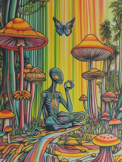 Introducing "Galactic Tranquility" by FN Prints: This psychedelic artwork captures a surreal scene with a meditative alien figure in an enchanting meditation area, surrounded by tall, vibrant mushrooms. A butterfly gracefully hovers above while rainbow-colored stripes blend in the background, evoking cosmic wonder.