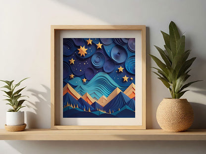 The framed digital artwork, known as "Galactic Whirl" by FN Prints, showcases a vibrant abstract landscape complete with mountains, rivers, and a captivating starry night sky. It is elegantly displayed on a wooden shelf between two potted plants against the backdrop of a light-colored wall.