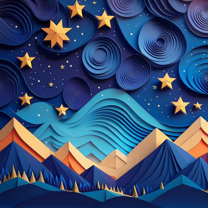 Introducing Galactic Whirl by FN Prints — a captivating digital art piece featuring a night sky with swirling blue hues and twinkling stars, layered mountains in shades of blue and orange, and a forest of trees in the foreground. The intricate details and folded paper effect create depth and texture, evoking a magical, dreamlike landscape.