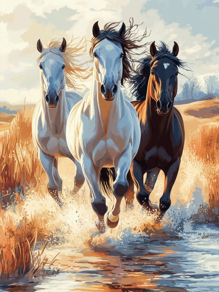 Three horses galloping through a stream with golden grass and sunlight behind them.