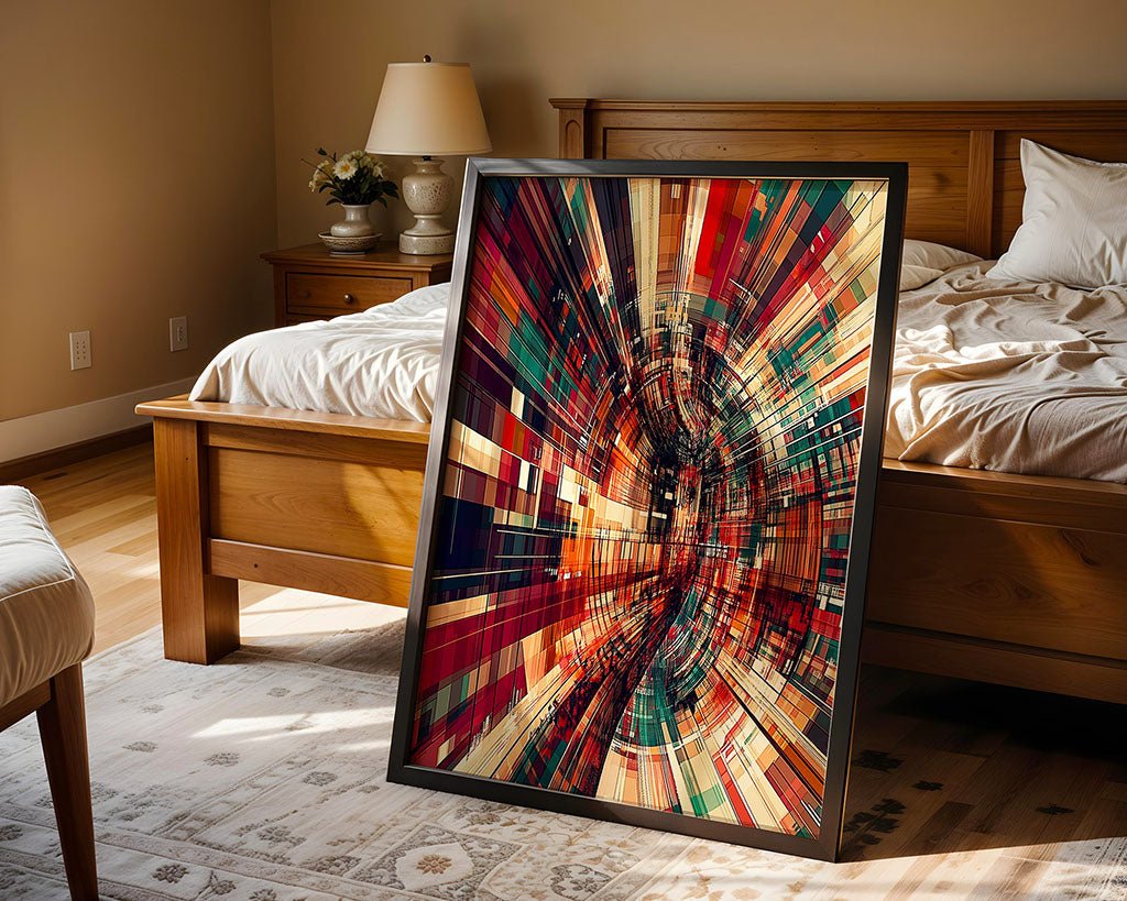 A framed artwork titled "Geometric Vortex" by FN Prints, displaying a vibrant blend of red, green, and beige hues in a swirling geometric design, is propped against the foot of a neatly made wooden bed in a warmly lit bedroom. In the background, you can see a bedside table adorned with a lamp and plant.