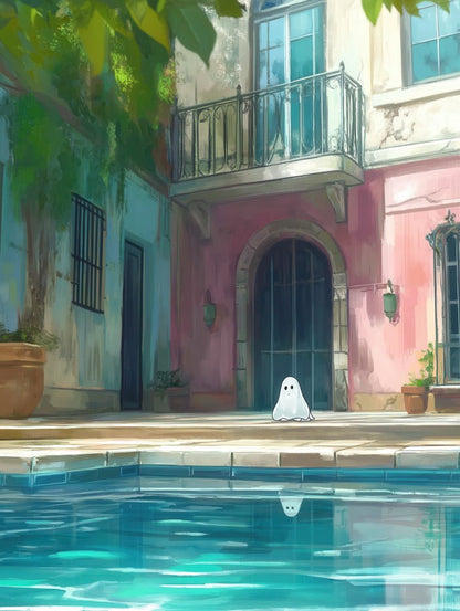 The digital artwork "Ghost By The Pool" by FN Prints exudes tranquility with a small, endearing ghost nestled by a serene pool in a sunlit courtyard. Inspired by Studio Ghibli, lush green plants surround the scene, while sunlight beautifully illuminates a building's balcony and arched doors, enhancing the peaceful atmosphere.