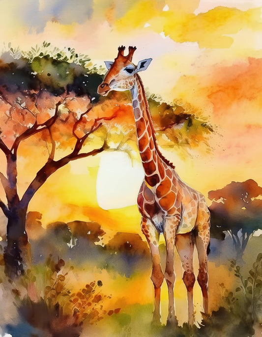 *Giraffe in Golden Light* by FN Prints is a digital watercolor artwork that captures a giraffe standing in an African landscape at sunrise or sunset. The low sun on the horizon casts a warm glow across the scene, accentuating the giraffe's distinct spots. Delicate-branched trees frame this stunning piece of wildlife art.