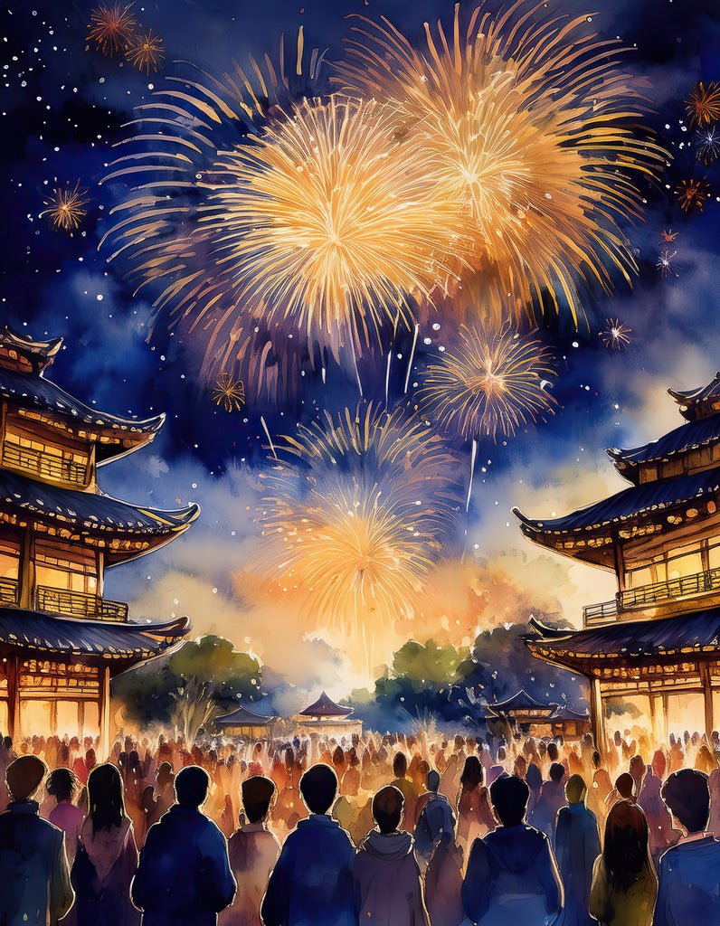 A vibrant festival scene with a crowd of people gathered between traditional Japanese buildings, admiring a spectacular Gold Rain fireworks display by FN Prints in the night sky. The East Asian cultural festivities illuminate the scene, creating a warm and festive atmosphere.