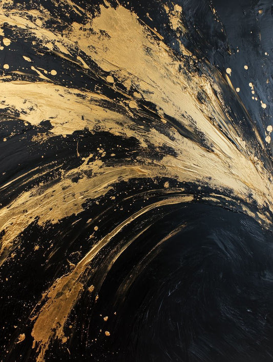 Abstract black and gold wall art print with bold brush strokes and splatter texture