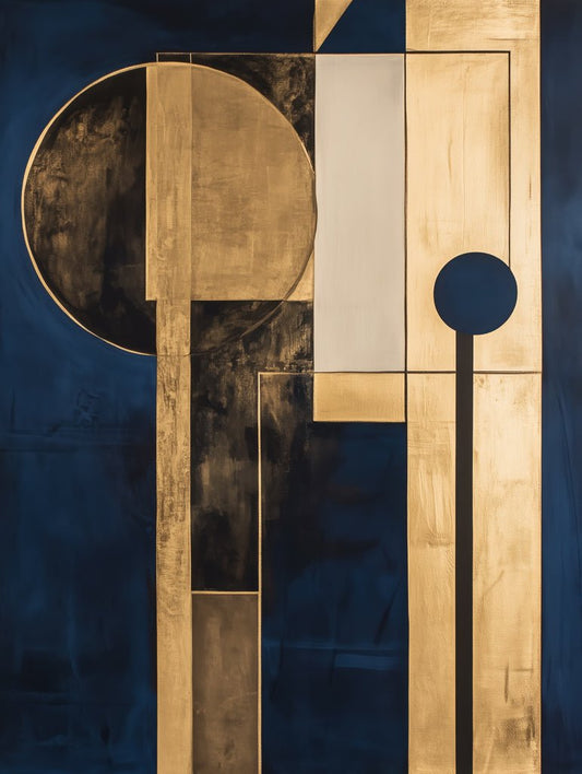 Geometric abstract artwork featuring navy blue background and intersecting gold shapes