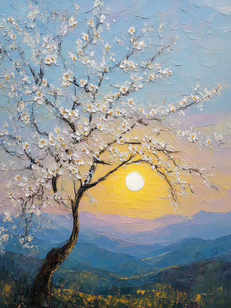 Painting of a cherry blossom tree with a full moon and mountains in the background