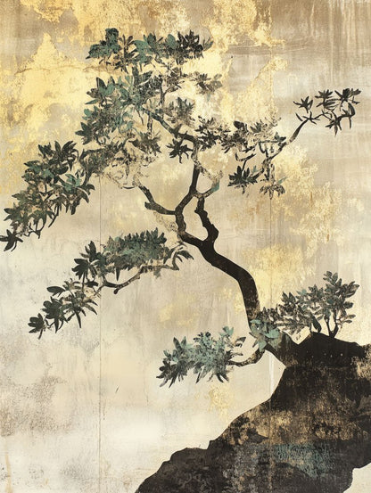 Japanese bonsai tree art print with gold textured background and ink-style silhouette