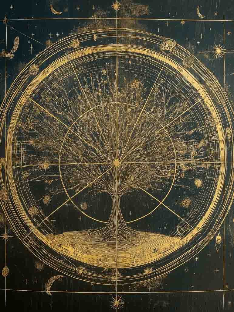 Experience the mesmerizing artwork of FN Prints’ Golden Celestial Map, where a large tree is intricately illustrated within a circular design. Its branches and roots intertwine with celestial symbols such as stars, moons, and planets against a dark background, forming an abstract masterpiece that mirrors an astronomical chart.