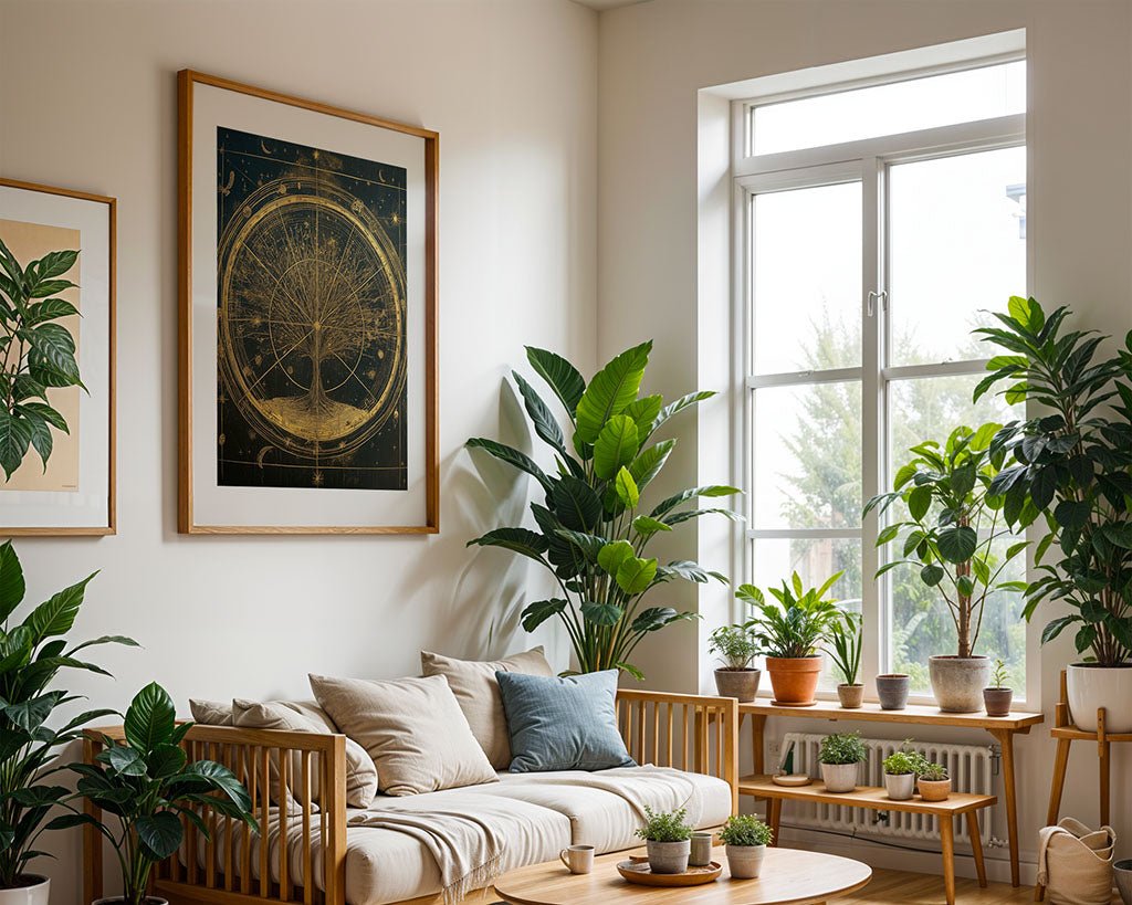 A cozy living room showcases a light wood sofa embellished with white cushions and encircled by various potted plants. Natural light pours in through a large window. The FN Prints "Golden Celestial Map" hangs on the wall, its abstract depiction introducing a whimsical touch. A small table nearby supports additional plants.