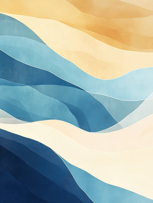 Abstract coastal wall art featuring layered waves in navy, blue, and golden hues, mimicking sunlight over ocean waters.
