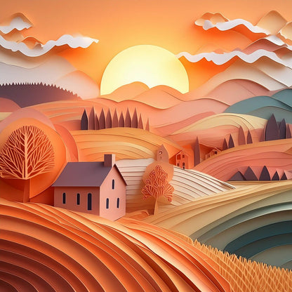 The "Golden Countryside Sunset" by FN Prints is a serene artwork that showcases a vibrant, orange-hued countryside landscape depicting a sunset over rolling hills. Quaint houses, trees, and farmlands are scattered throughout the scene. The sky is adorned with stylized clouds, and mountains rise in the background, blending harmoniously with the warm tones.