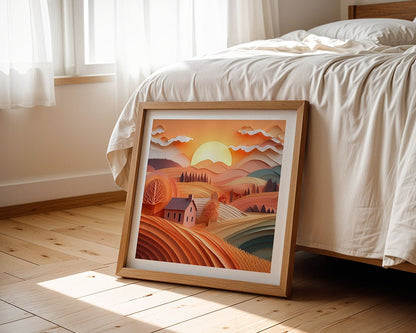 The "Golden Countryside Sunset" digital art piece by FN Prints, featuring a framed depiction of hills, a small house, and trees under a sunset sky, rests on a wooden floor against a bed draped in white sheets. Sunlight streaming through the window casts gentle shadows that highlight the folded paper effect in the artwork.