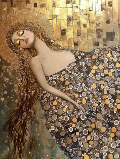 The "Golden Dreamscape" by FN Prints is a stylized digital artwork depicting a woman reclining with flowing hair and closed eyes, inspired by Gustav Klimt. Her dress is embellished with circular patterns in gold, silver, and black, set against a backdrop of golden squares that amplify its decorative charm.