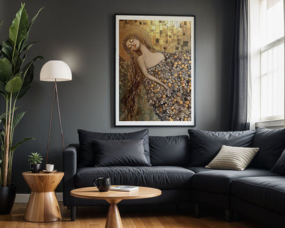 A living room features a dark gray sofa, a wooden coffee table, and a floor lamp. The wall is adorned with "Golden Dreamscape," a framed digital artwork by FN Prints in the style of Gustav Klimt depicting a woman in a patterned dress. In the corner stands a potted plant, while light streams through a window with dark curtains.