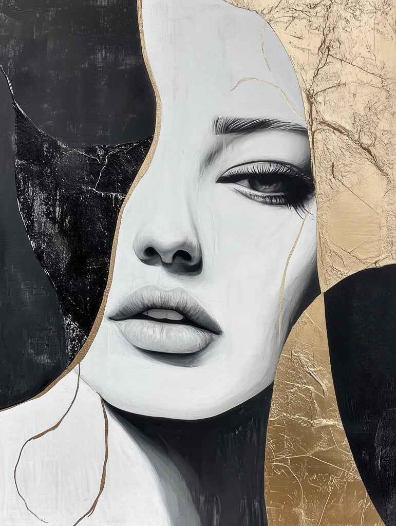 A captivating black, white, and gold abstract portrait of a woman, featuring sleek lines and a minimalistic design for a modern touch.