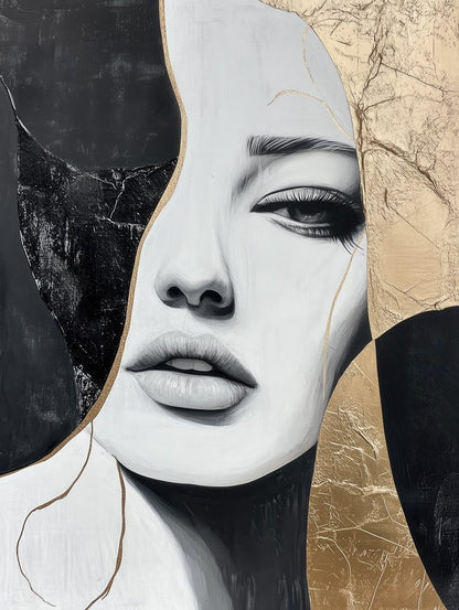 A captivating black, white, and gold abstract portrait of a woman, featuring sleek lines and a minimalistic design for a modern touch.